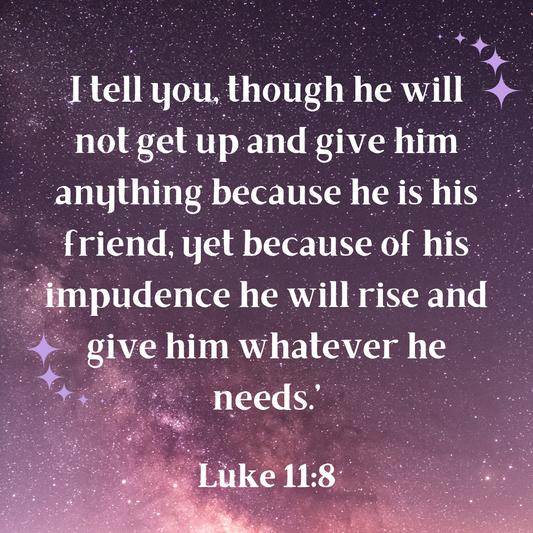 Bible verse that says, I tell you, though he will not get up and give him anything because he is his friend, yet because of his impudence he will rise and give him whatever he needs.”