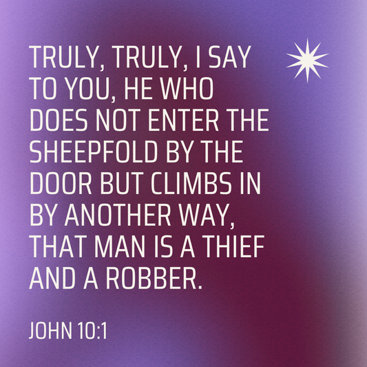 John 10:1 image. "Truly truly, I say to you, he who does not enter that sheepfold by the door but climbs in by another way, that man is a thief and a robber." John 10:1