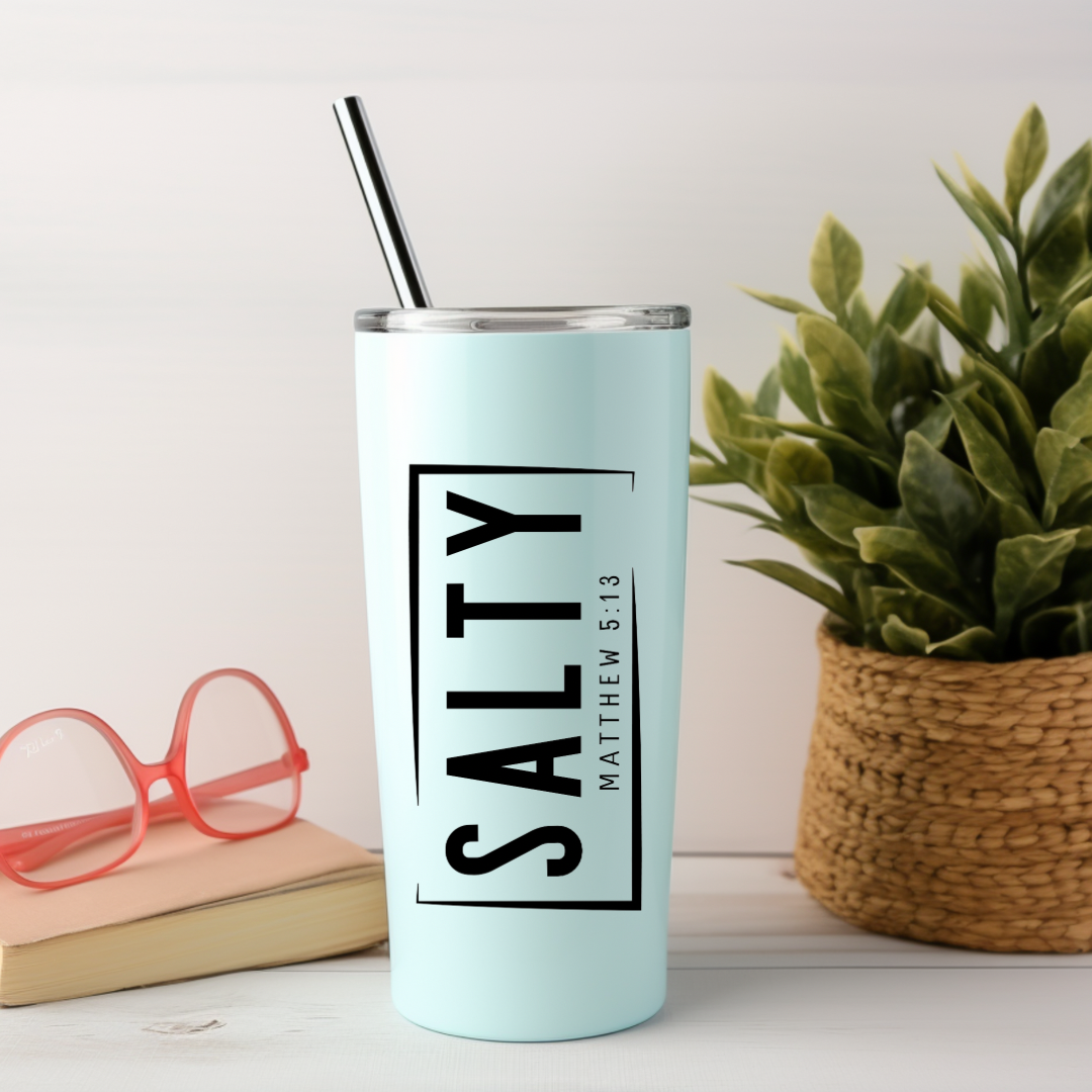 Tumbler sticker that says, “Salty Matthew 5:14.”
