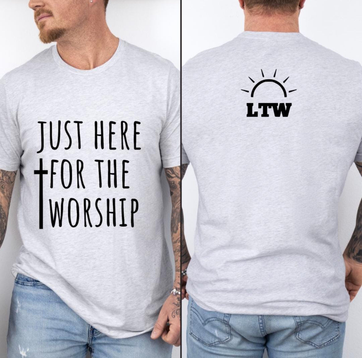 Ash white crewneck t-shirt that says, “just here for the worship” with a cross on it.