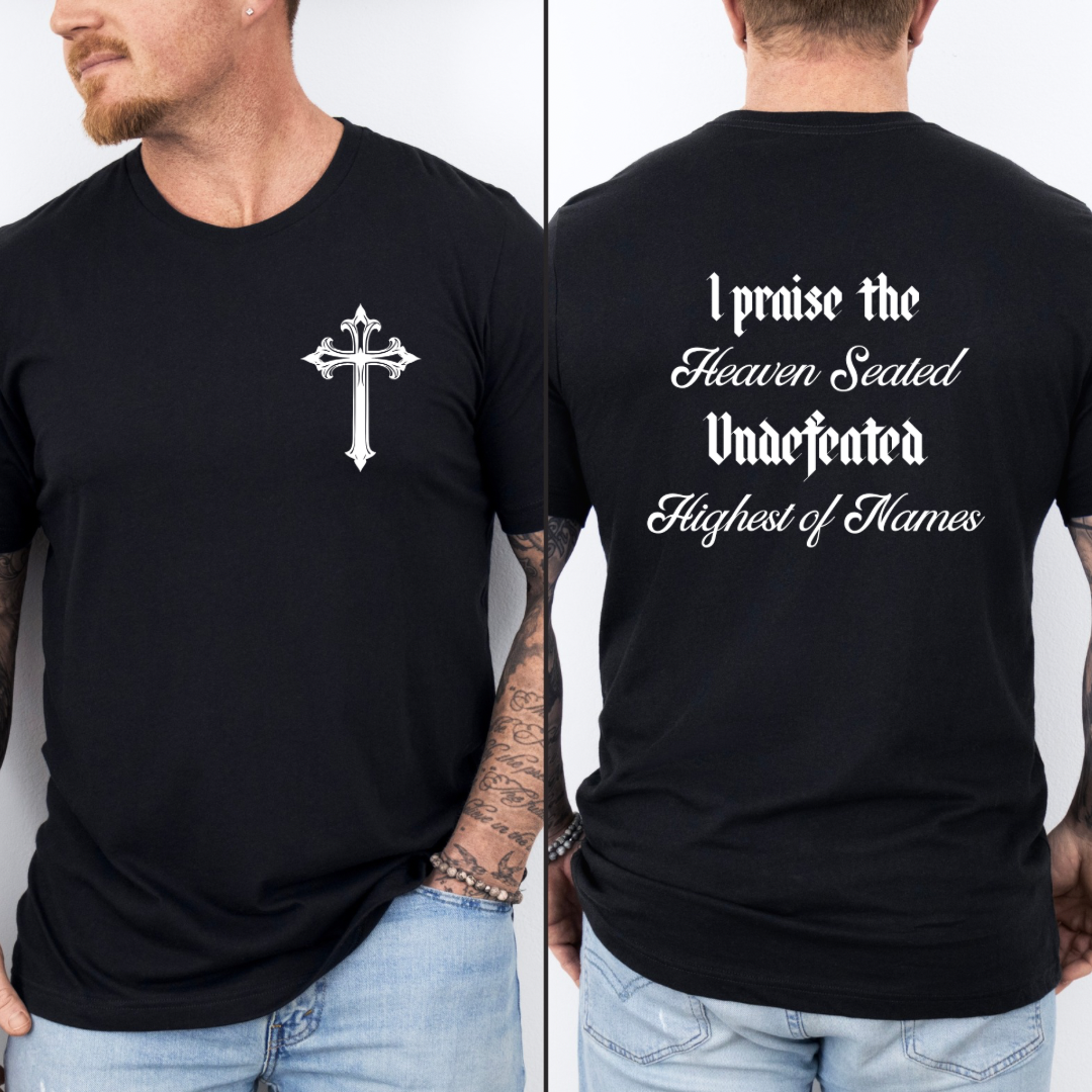 Black crewneck praise t shirt with vintage cross.