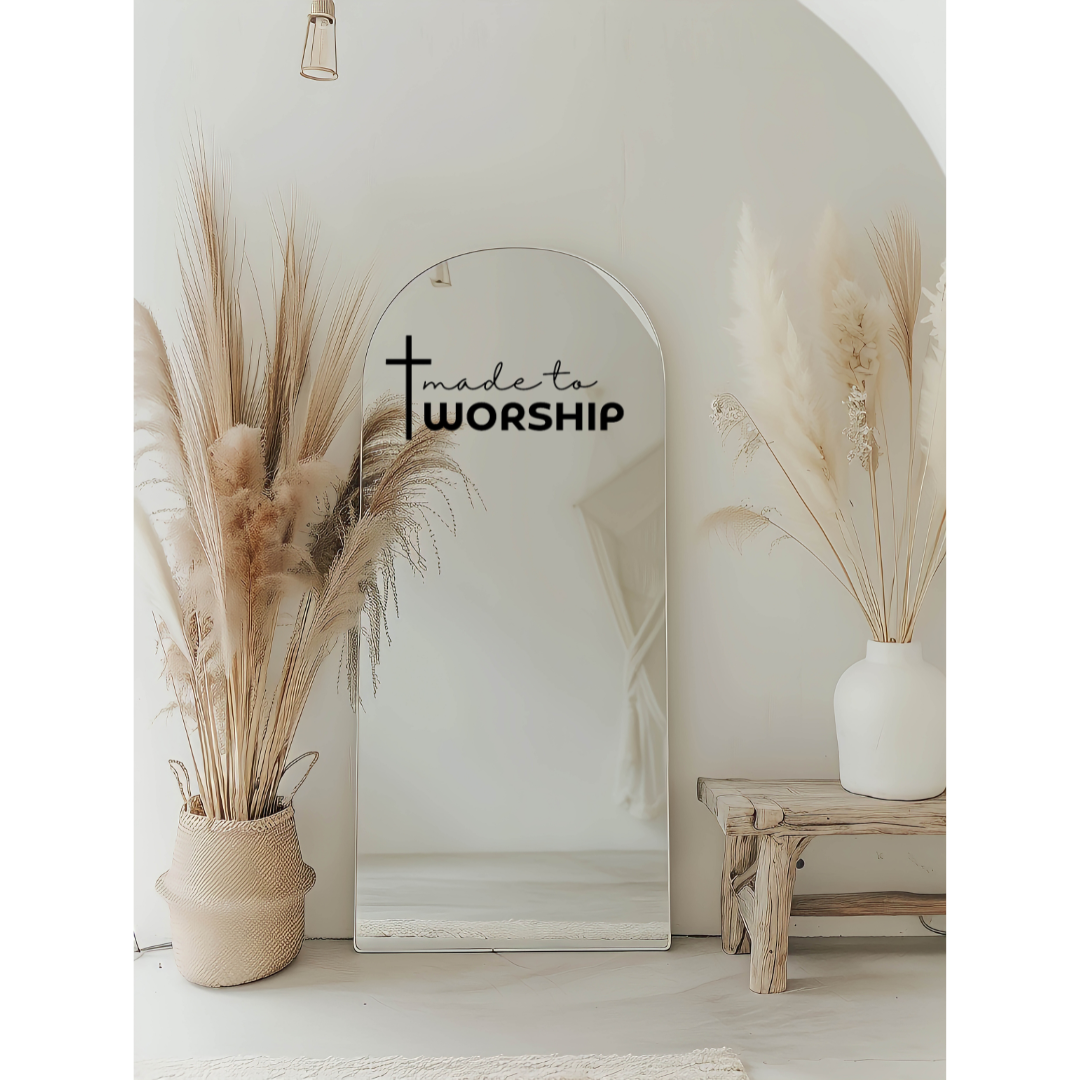 Mirror sticker decal that says, "made to worship" with a cross on it.