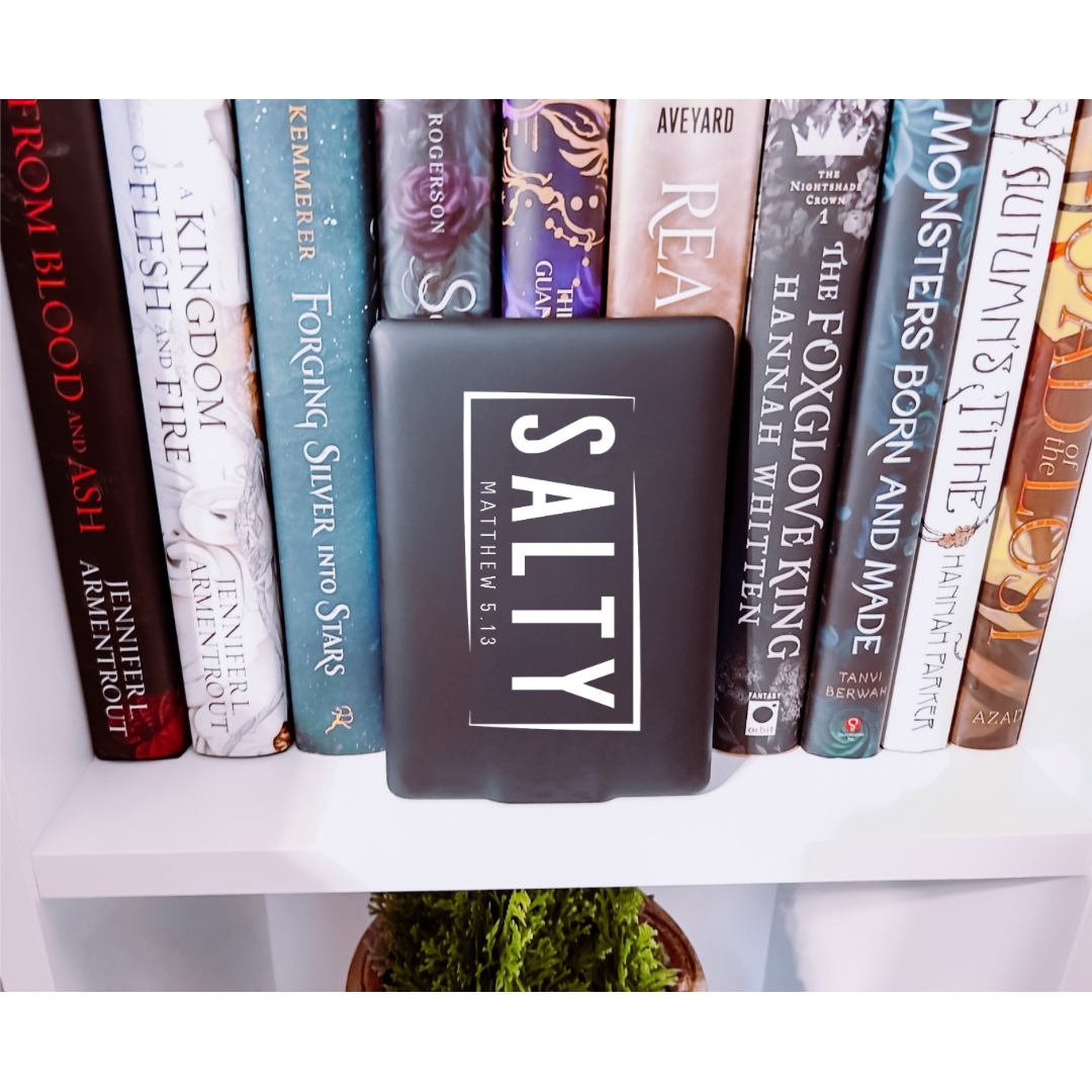 Kindle decal that says, “Salty Matthew 5:14.”