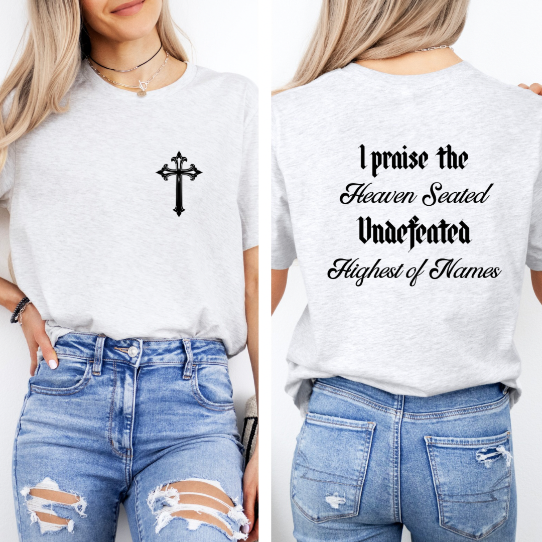 Ash white crewneck praise t shirt with vintage cross.