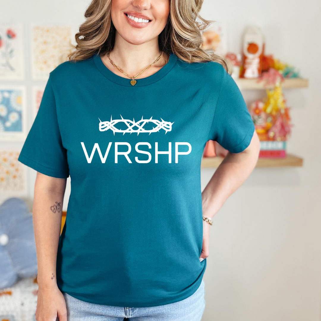 WRSHP Shirt for Men & Women | Crown of Thorns Tee | Inspirational Jesus Top | Faith-Based Apparel | Casual Christian Gift for All - Kingdom Threads by Amy