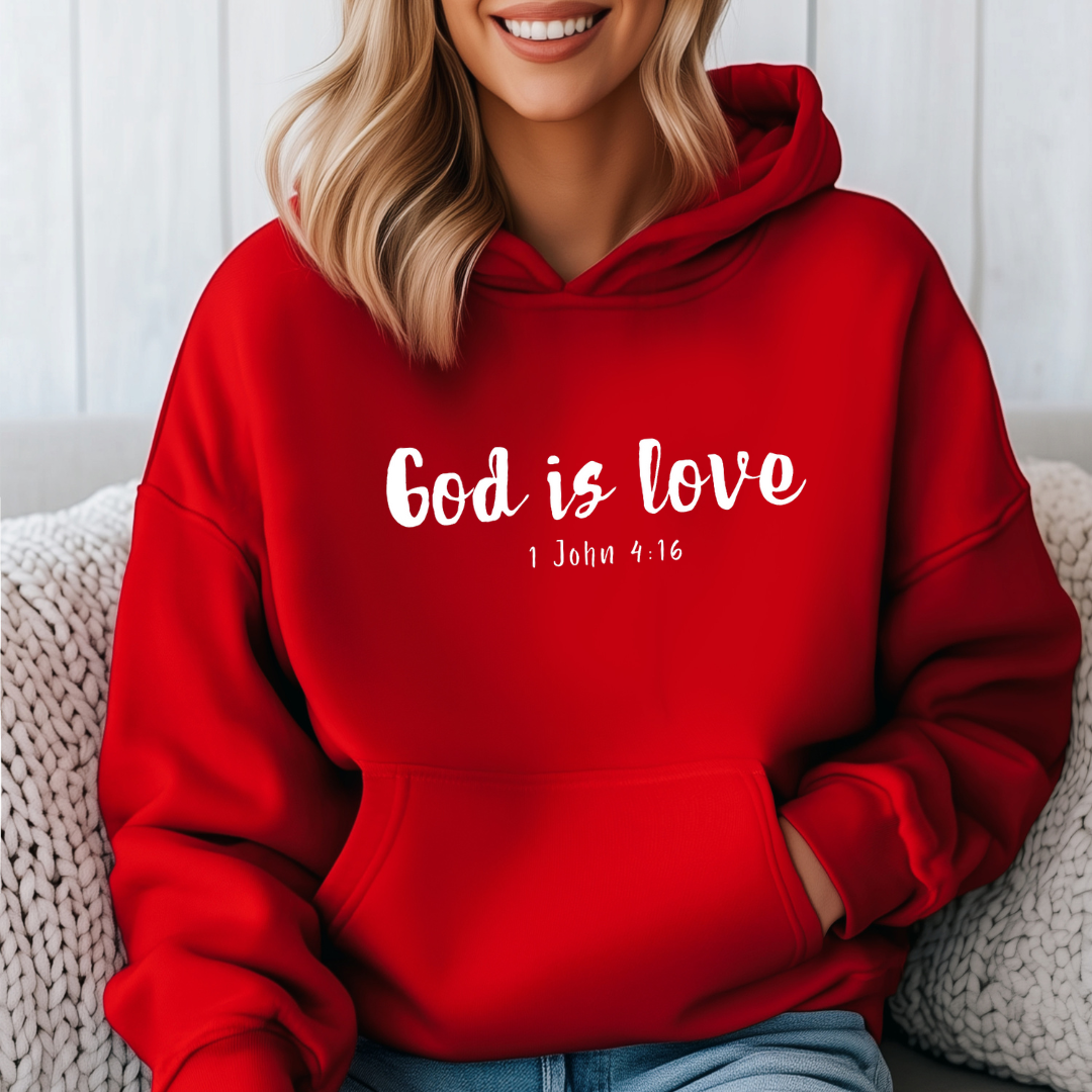 Red hoodie sweatshirt that says, “God is love. 1 John 4:16.”