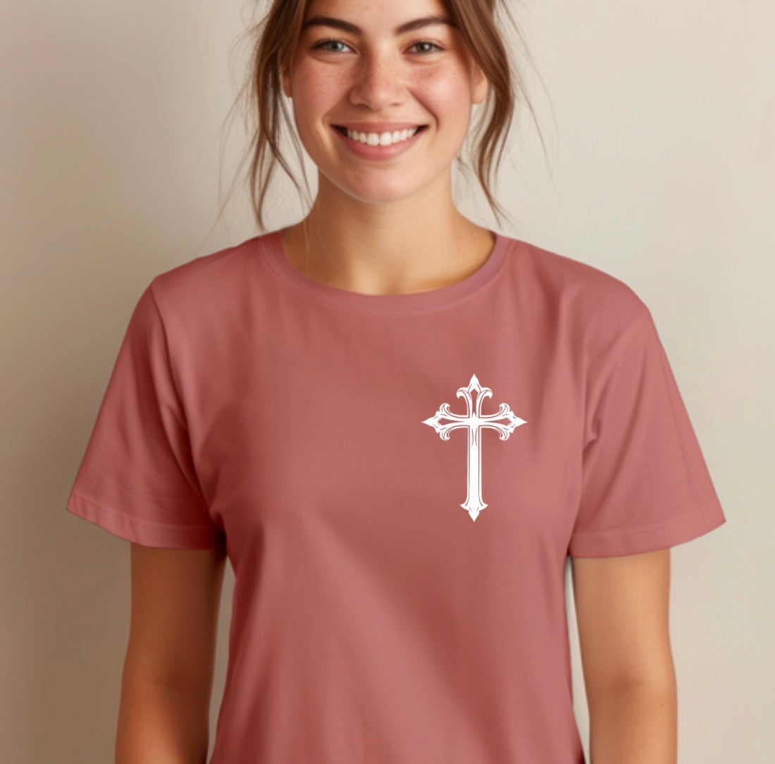 Mauve crewneck praise t shirt with vintage cross.