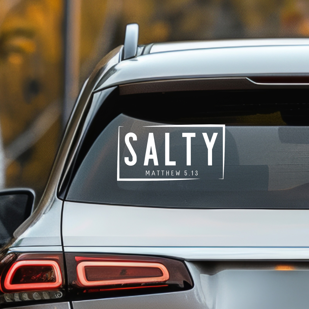 Car decal that says, “Salty Matthew 5:14.”