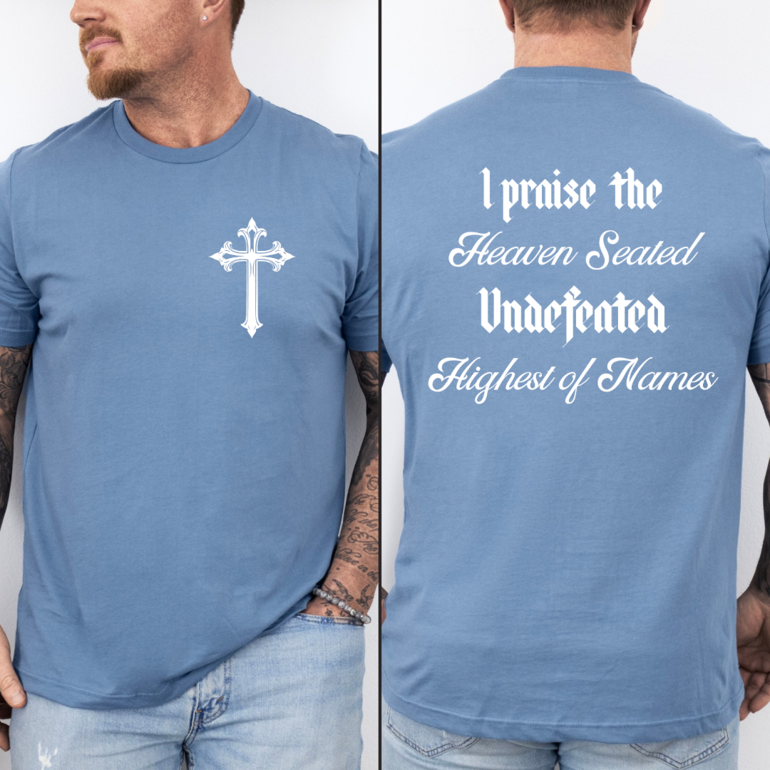 Steel blue crewneck praise t shirt with vintage cross.