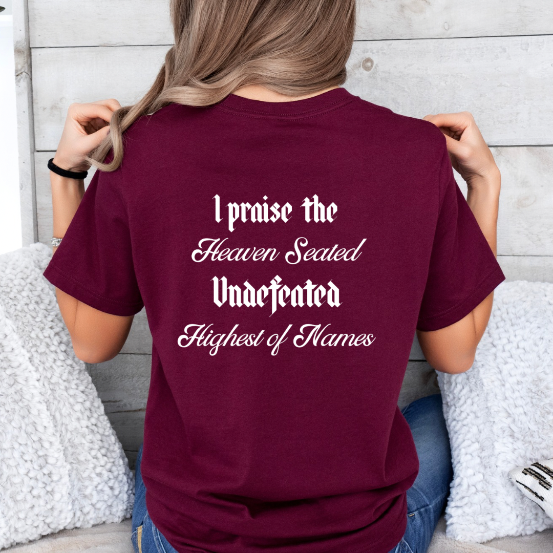 Maroon crewneck praise t shirt with vintage cross.
