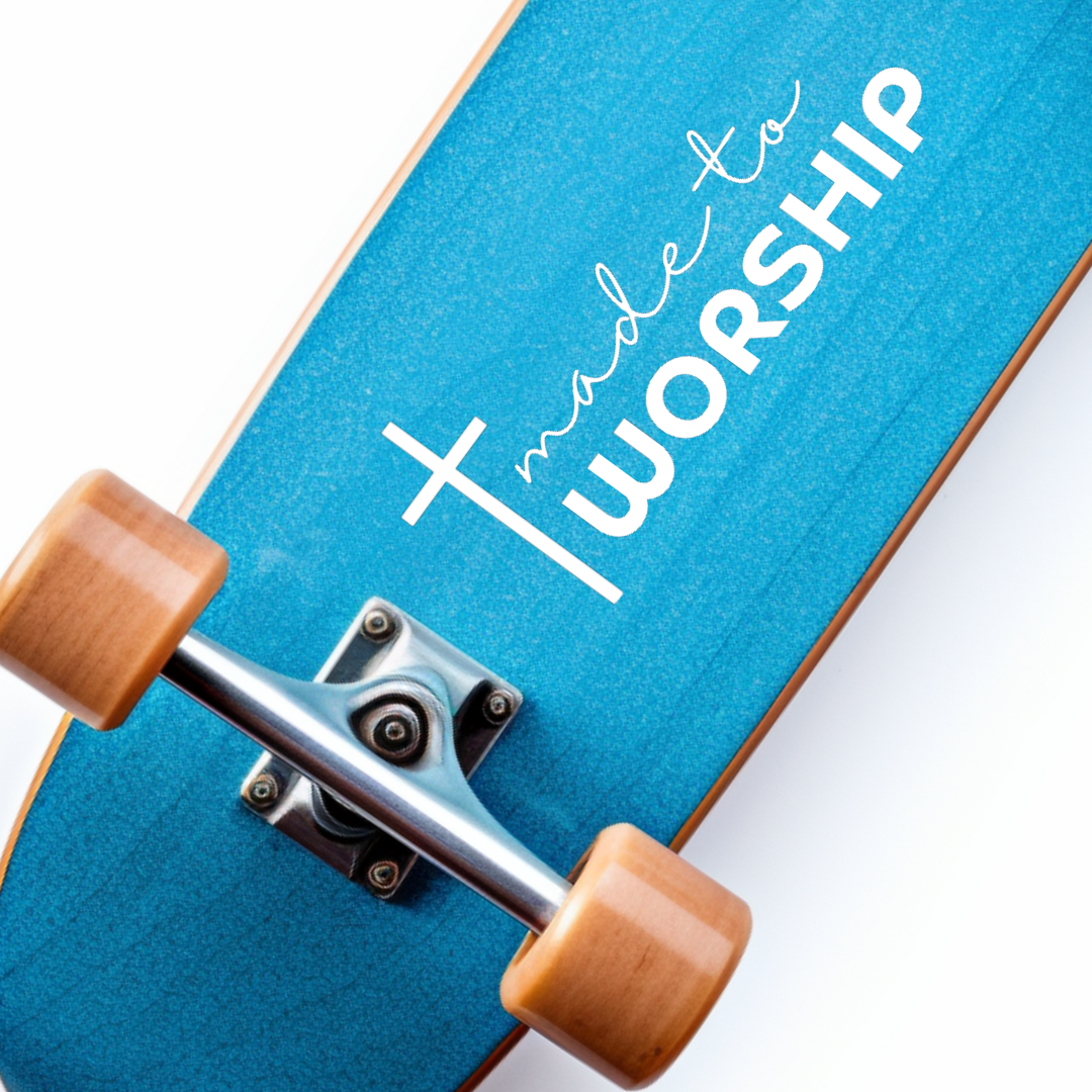Skateboard decal sticker that says, "made to worship" with a cross on it.