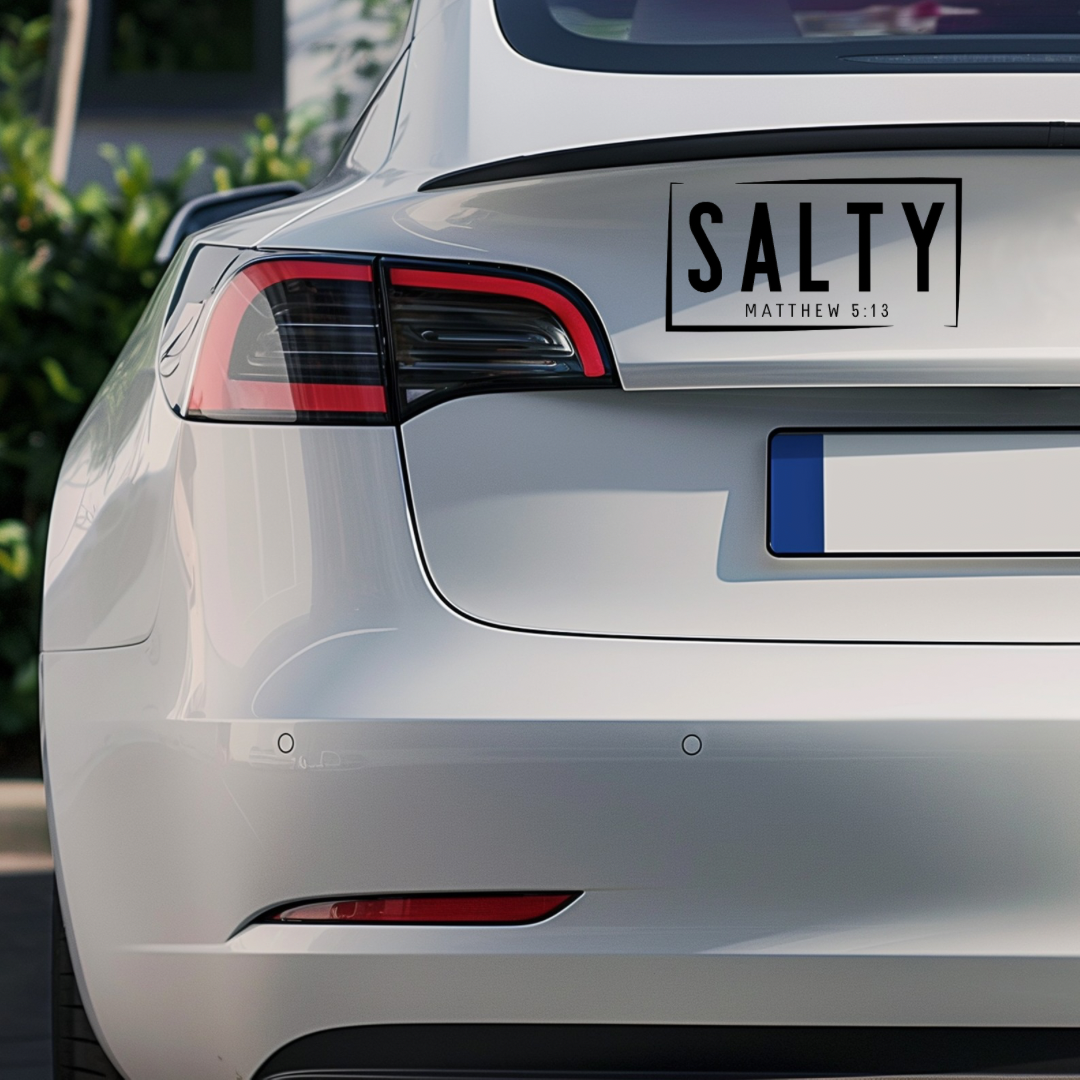 Bumper sticker that says, “Salty Matthew 5:14.”