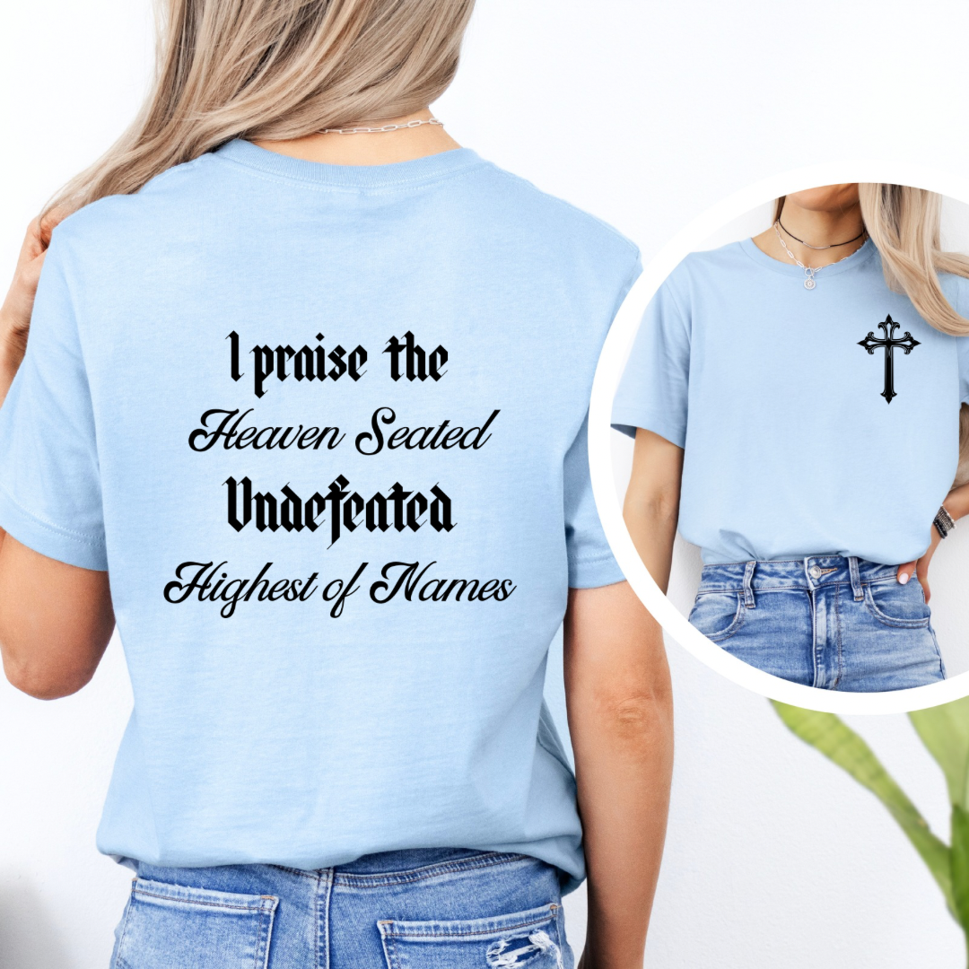 Baby blue crewneck praise t shirt with vintage cross.