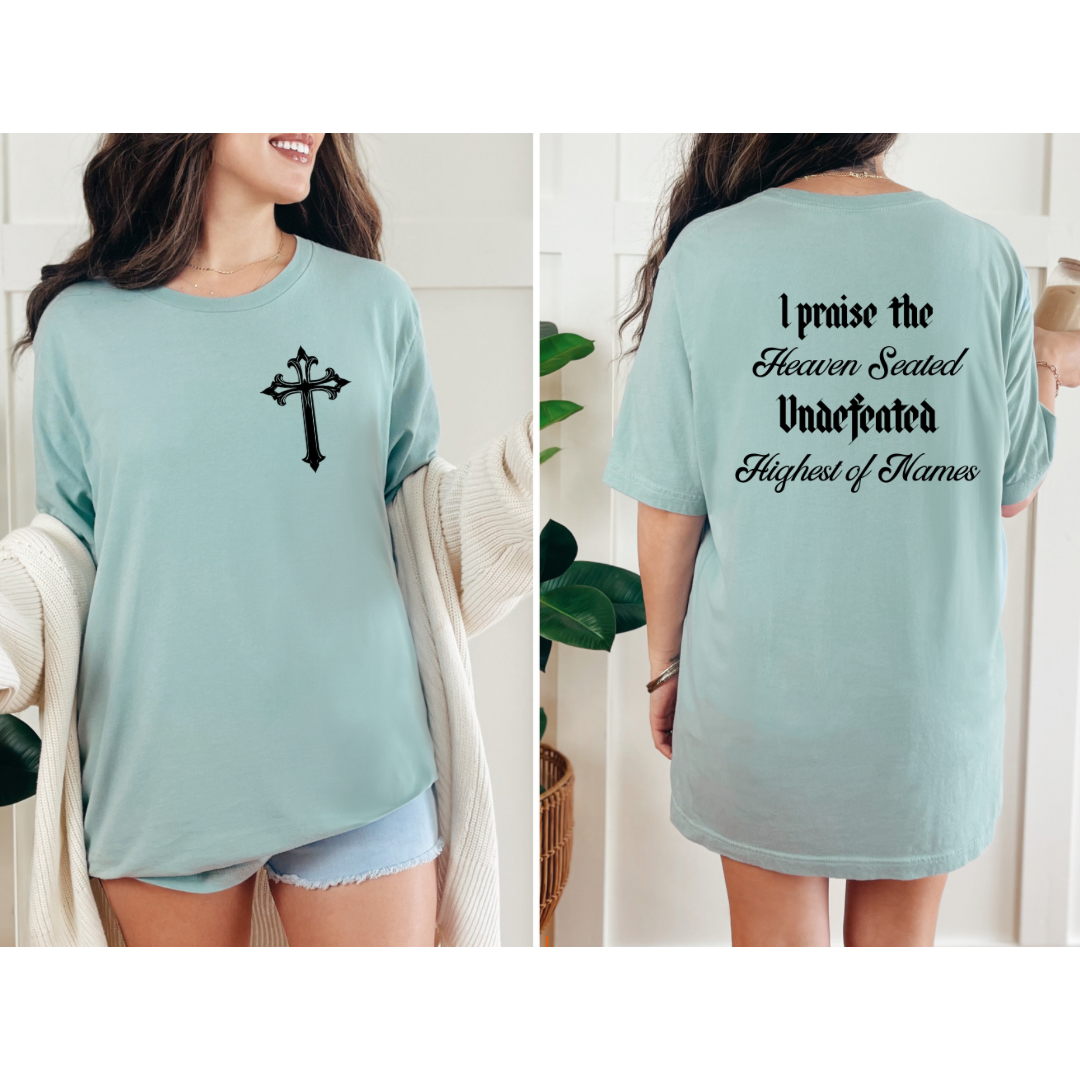 Dust green crewneck praise t shirt with vintage cross.
