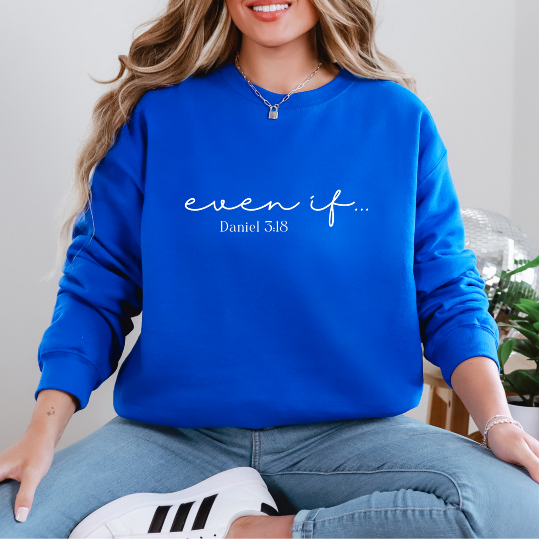 Blue sweatshirt that says, "Even if... Daniel 3:18."