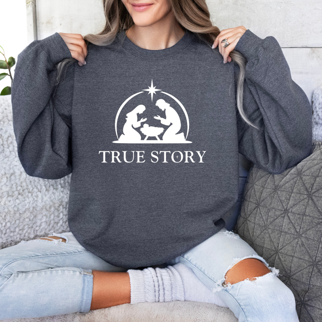 Dark heather crewneck Christmas sweatshirt that says, "true story" featuring Jesus, Mary and Jesus in a manger.