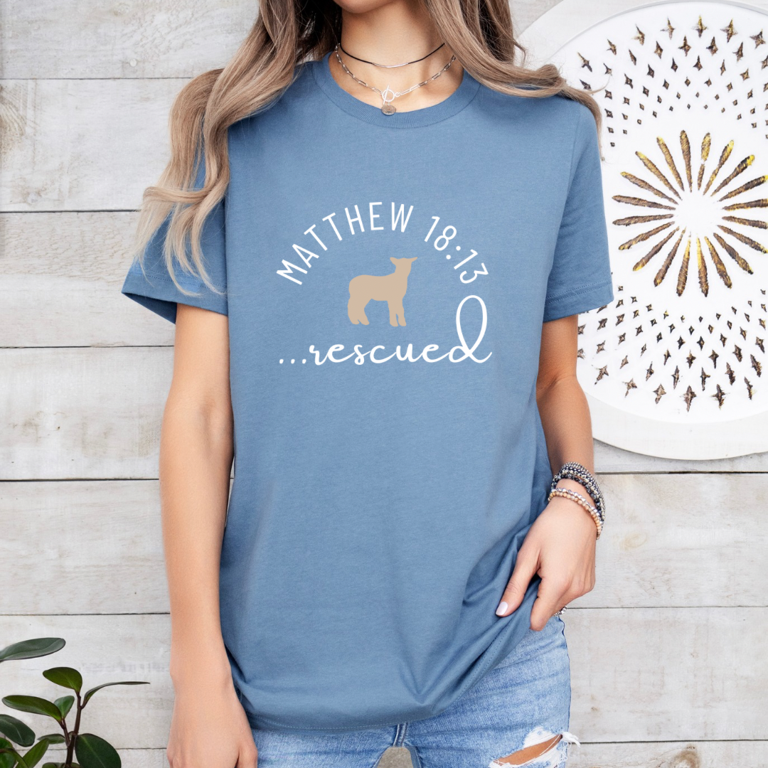 Steel blue crewneck T-Shirt that says, "He left the 99 to rescue me" with a large tan cross. On the front it says, "Matthew 18:13 rescued" with a tan sheep.