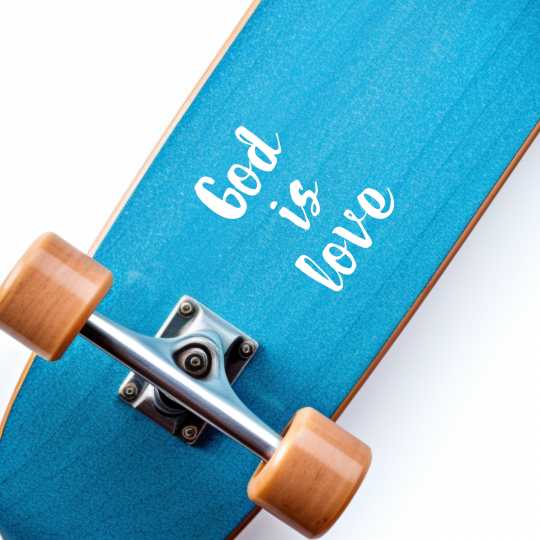 God is love Christian skateboard sticker.