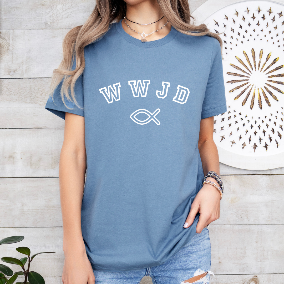 Steel blue crewneck t shirt that says, âWWJDâ with Ichthus fish symbol.