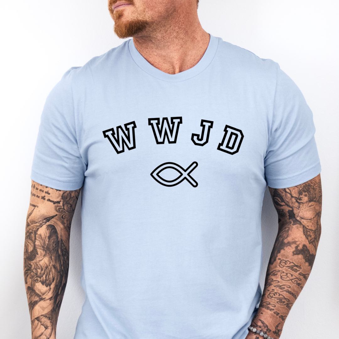 Baby blue crewneck t shirt that says, âWWJDâ with Ichthus fish symbol.