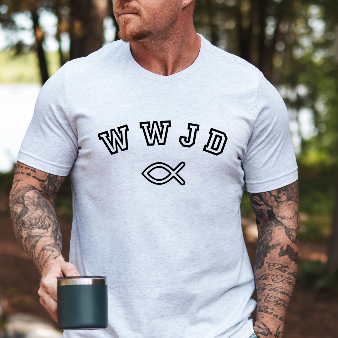 Ash white crewneck t shirt that says, âWWJDâ with Ichthus fish symbol.