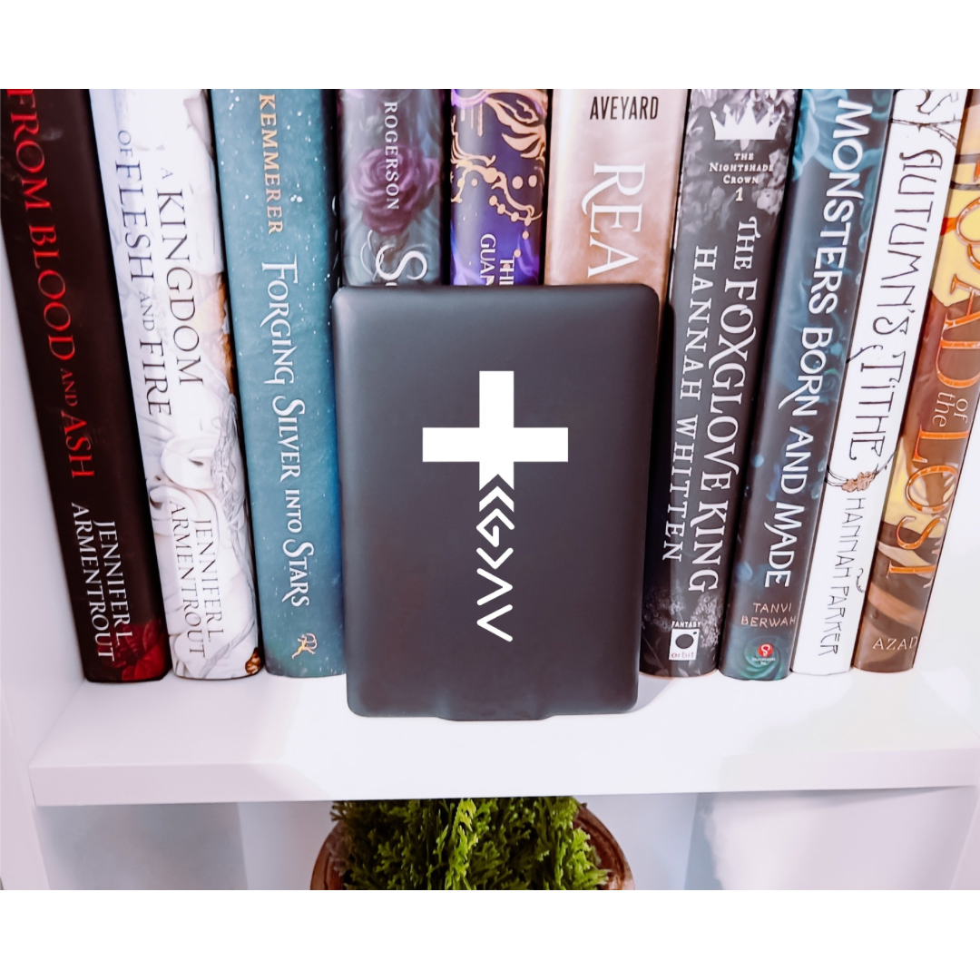 eReader, kindle or kobo sticker with the God is greater that the highs and lows cross symbol.