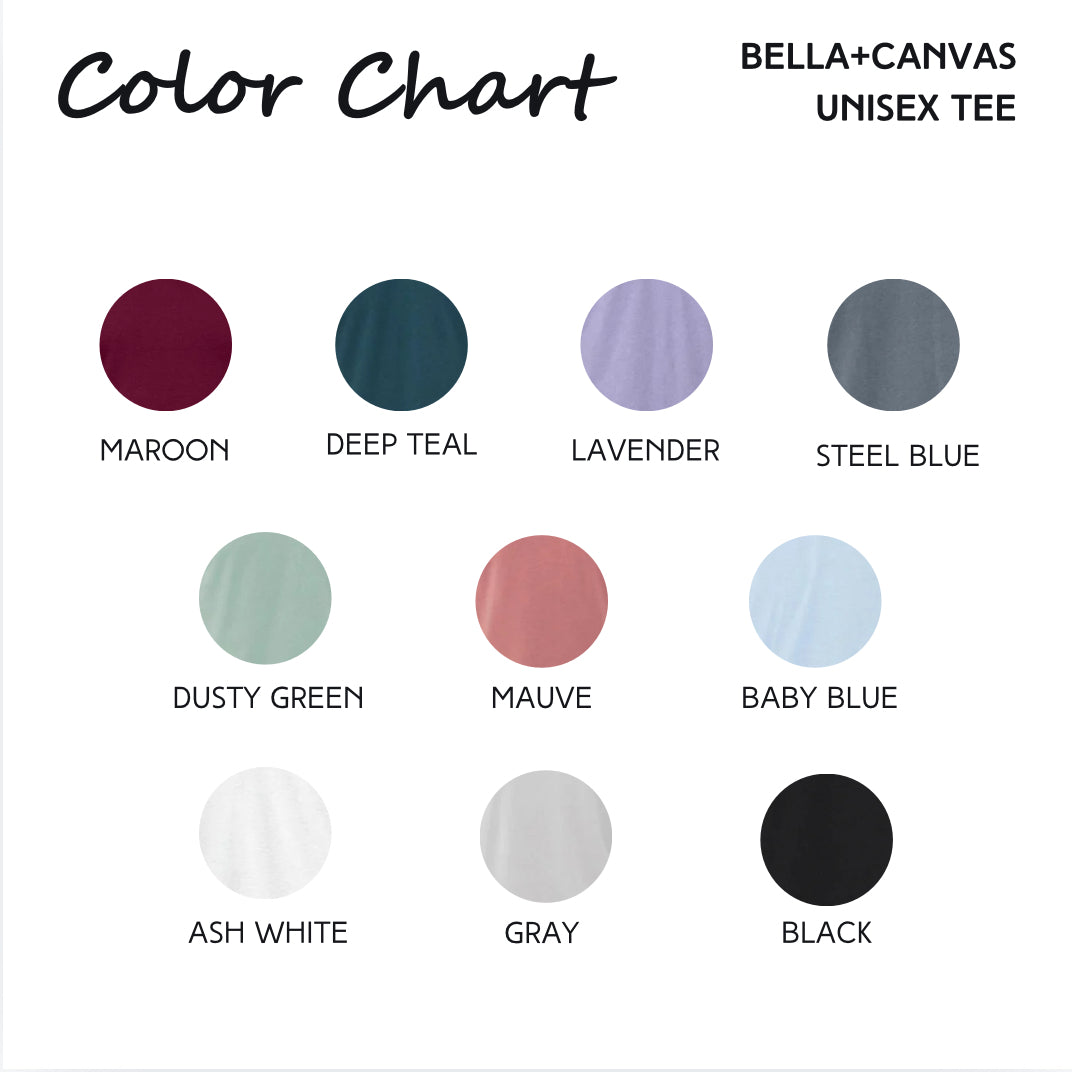 Color chart that shows available shirt colors which are maroon, deep teal, lavender, steel blue, dusty green, mauve, baby blue, ash white, gray, black.