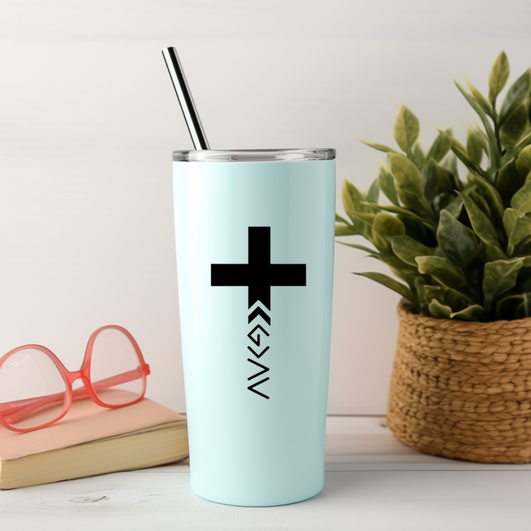 Mug sticker decal with the God is greater that the highs and lows cross symbol.