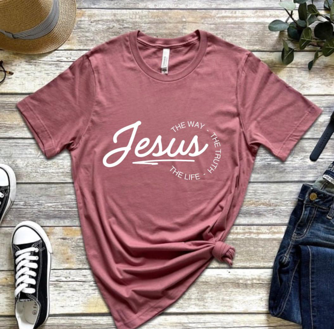 Mauve crewneck t-shirt that says, “Jesus the way the truth the life.”