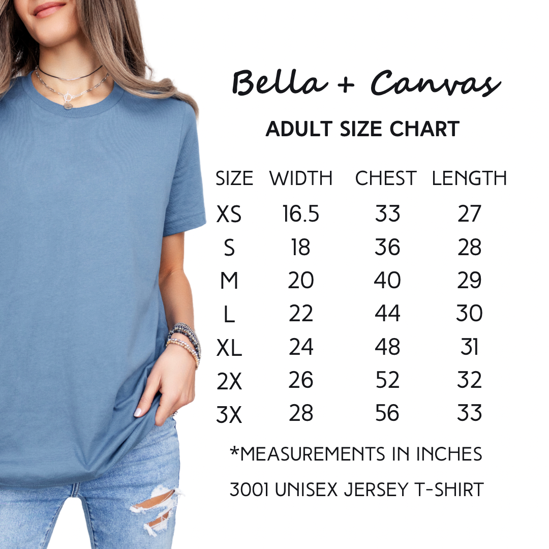 Size chart showing the available shirt sizes which are extra small through 3XL. Unisex Bella Canvas Jersey T-Shirt.