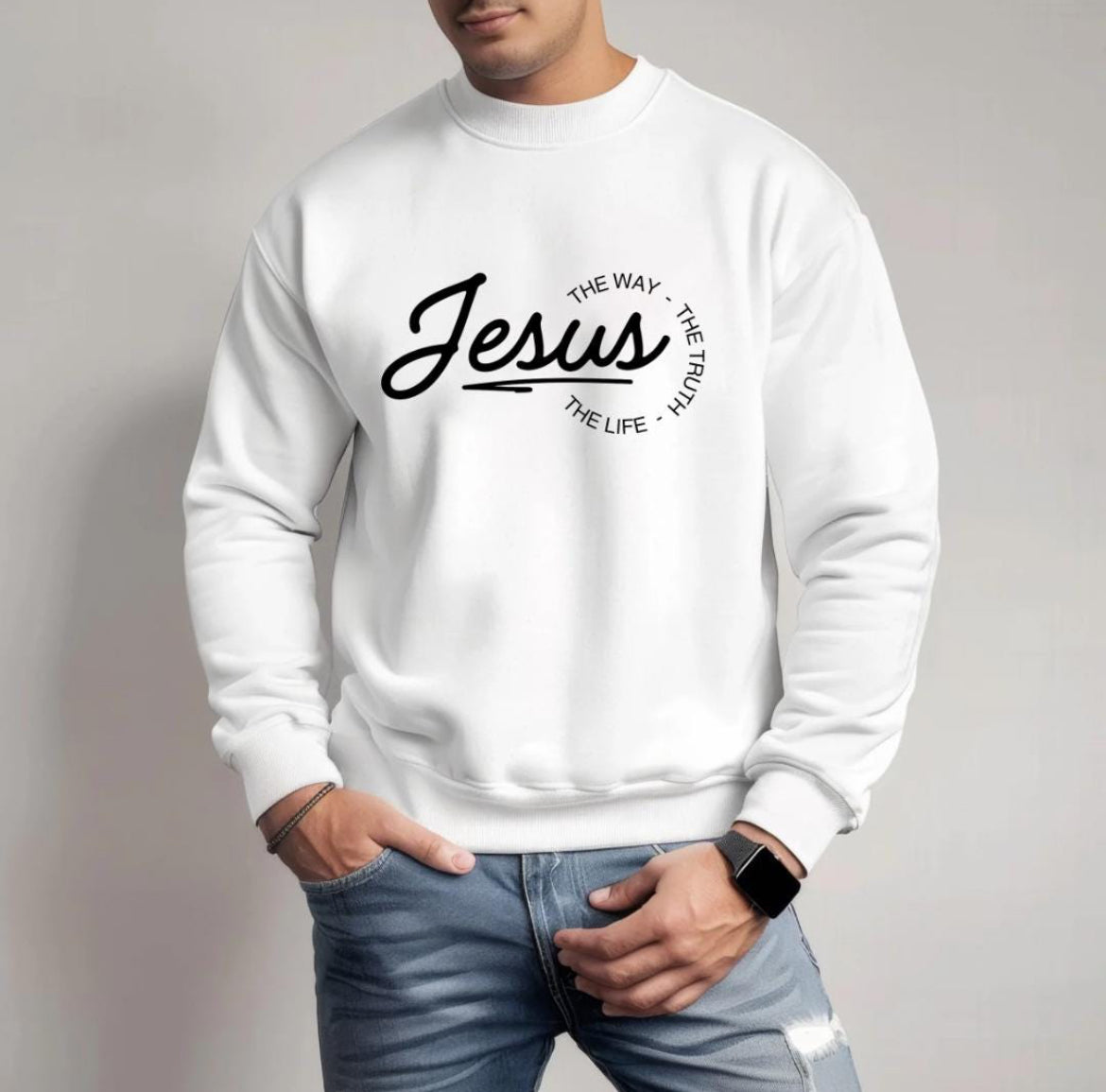 White crewneck sweatshirt that says, "Jesus, the way, the truth, the life." 