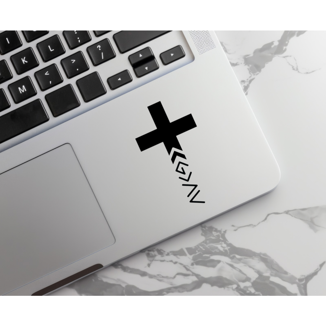 Laptop keyboard sticker decal with the God is greater that the highs and lows cross symbol.