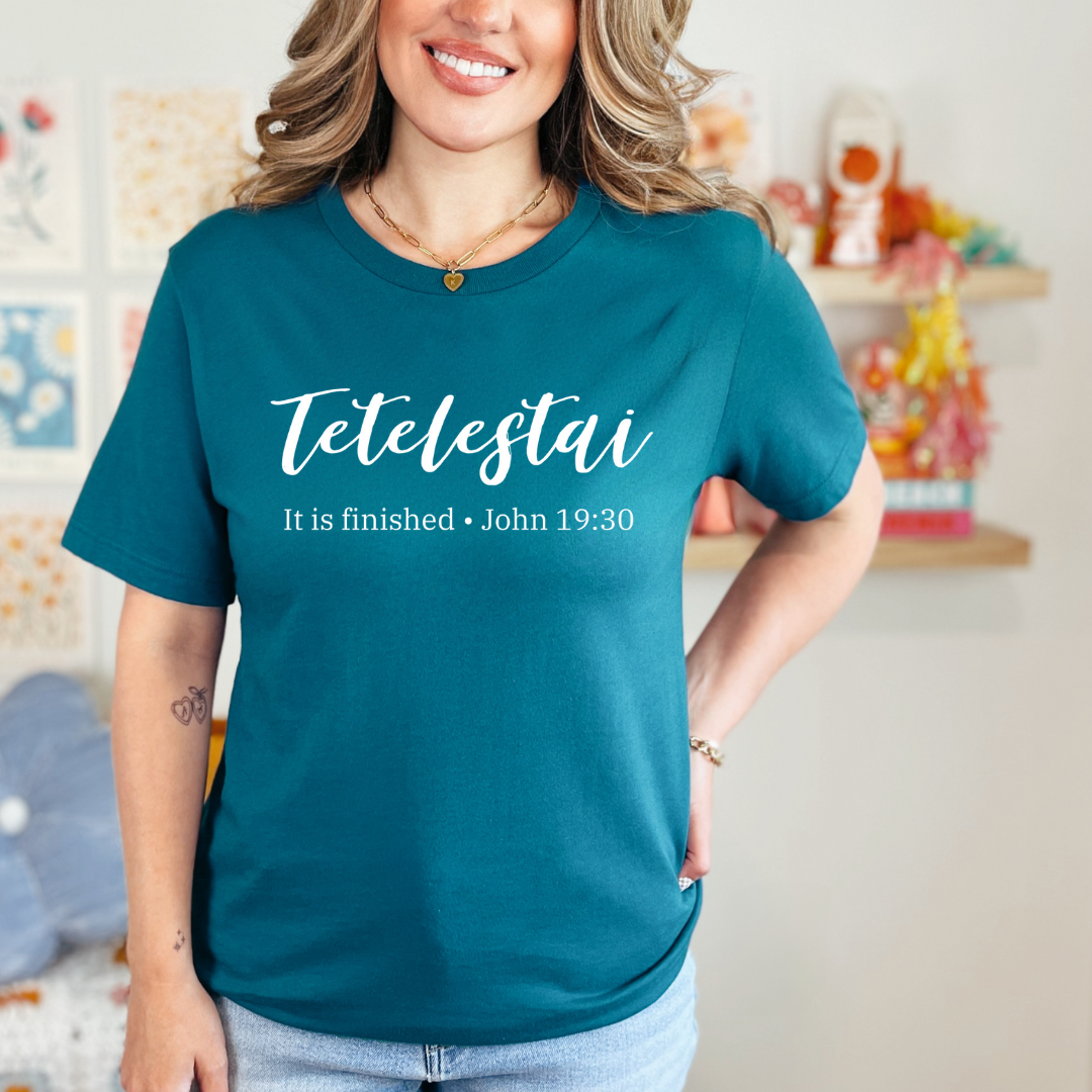 Deep teal It Is Finished Shirt - Tetetelestai Tee for Christian Women - Bible Verse Apparel