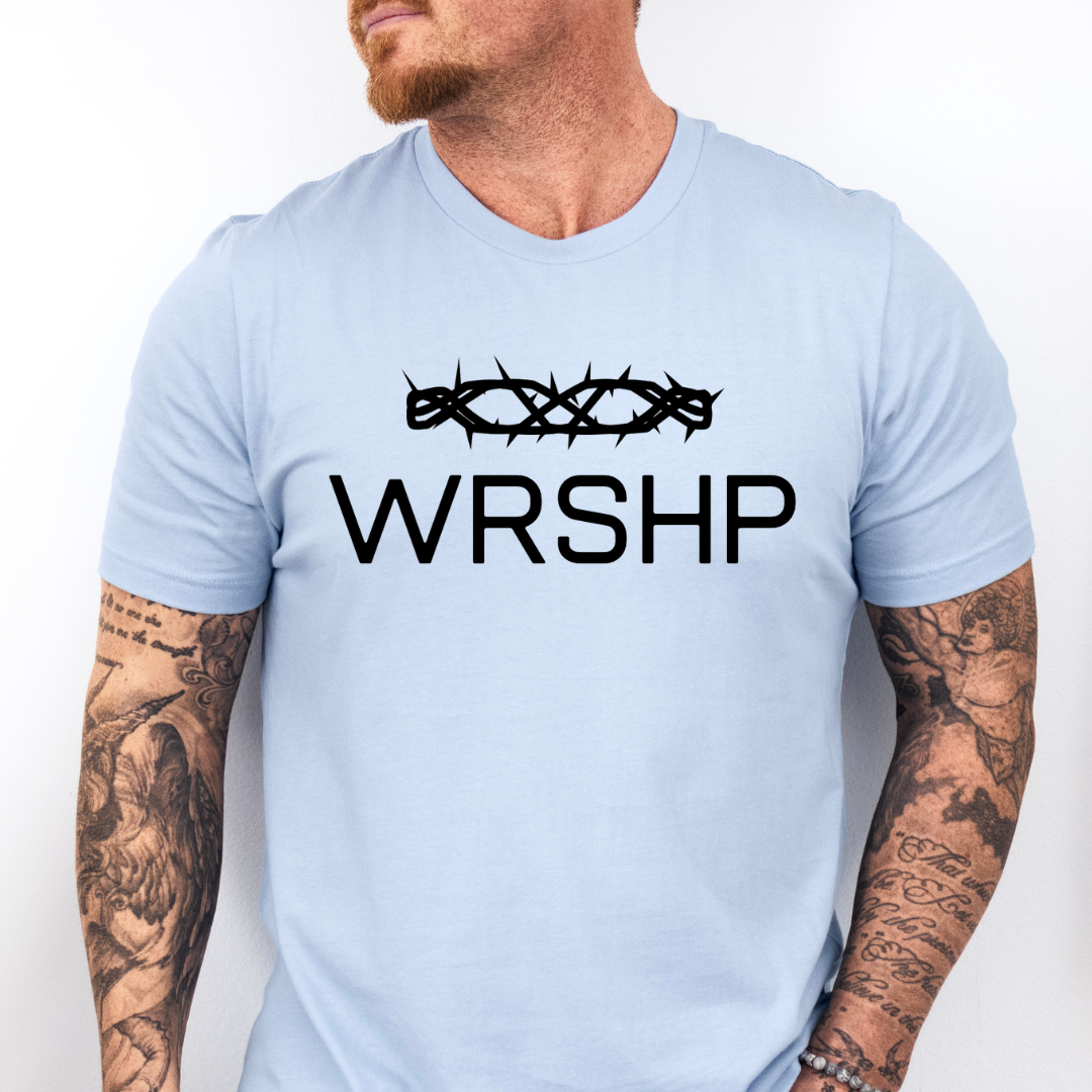 WRSHP Shirt for Men & Women | Crown of Thorns Tee | Inspirational Jesus Top | Faith-Based Apparel | Casual Christian Gift for All - Kingdom Threads by Amy