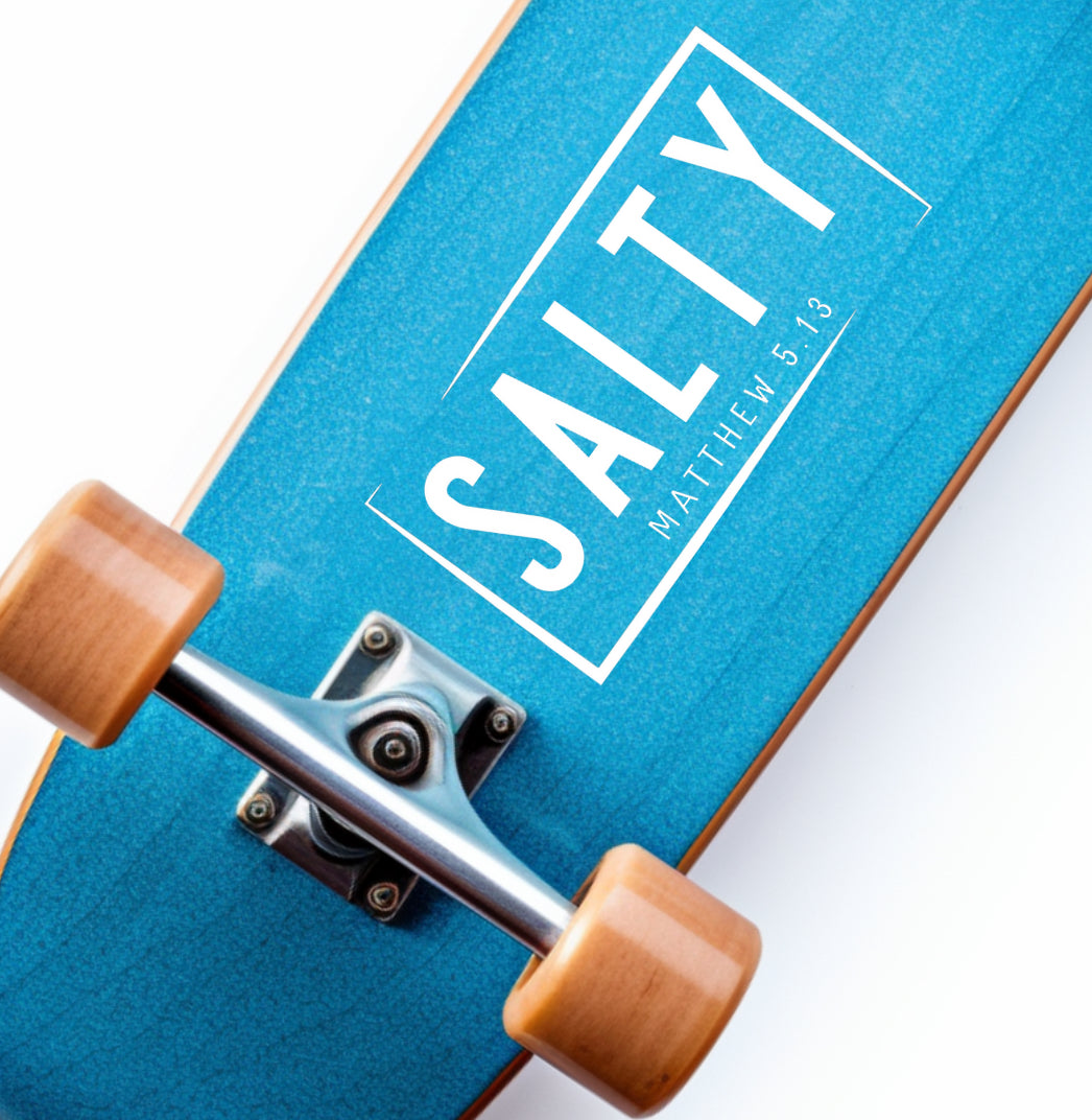 Skateboard decal sticker that says, “Salty Matthew 5:14.” 