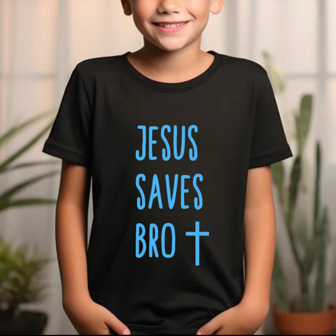 Black crewneck t-shirt that says, “Jesus saves bro” with a cross. The writing is blue. 