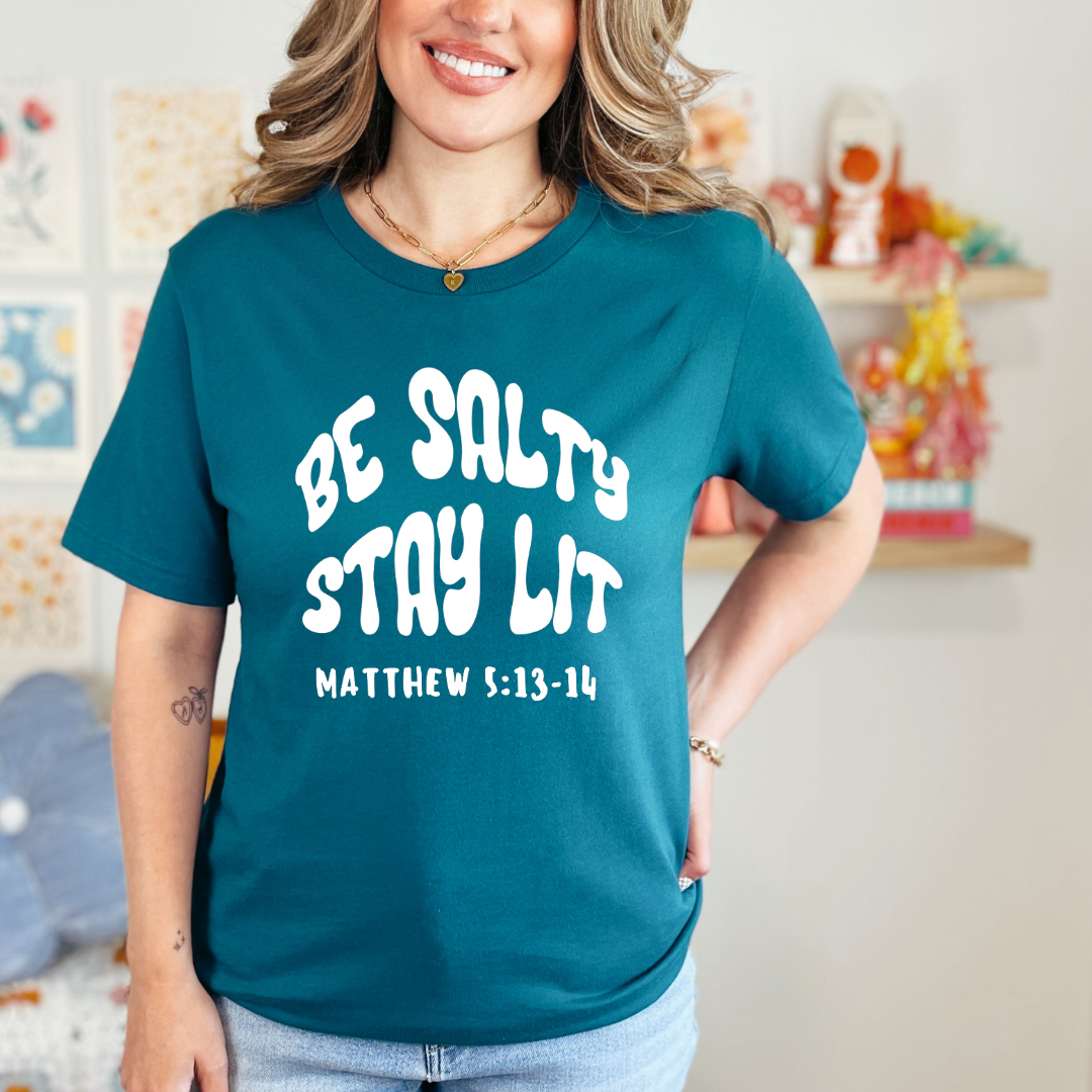 Be Salty Stay Lit Bible Verse Shirt | Matthew 5 13 14 Bible Verse Tee | Inspirational Christian Apparel