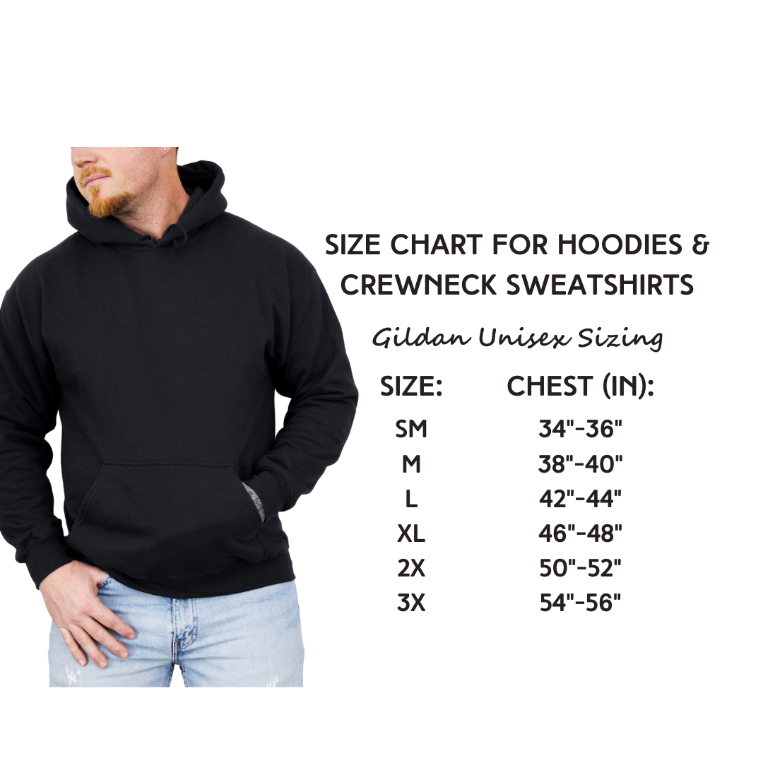 Size chart showing measurements and available hoodie and crewneck sweatshirt sizes which are small through 3X.