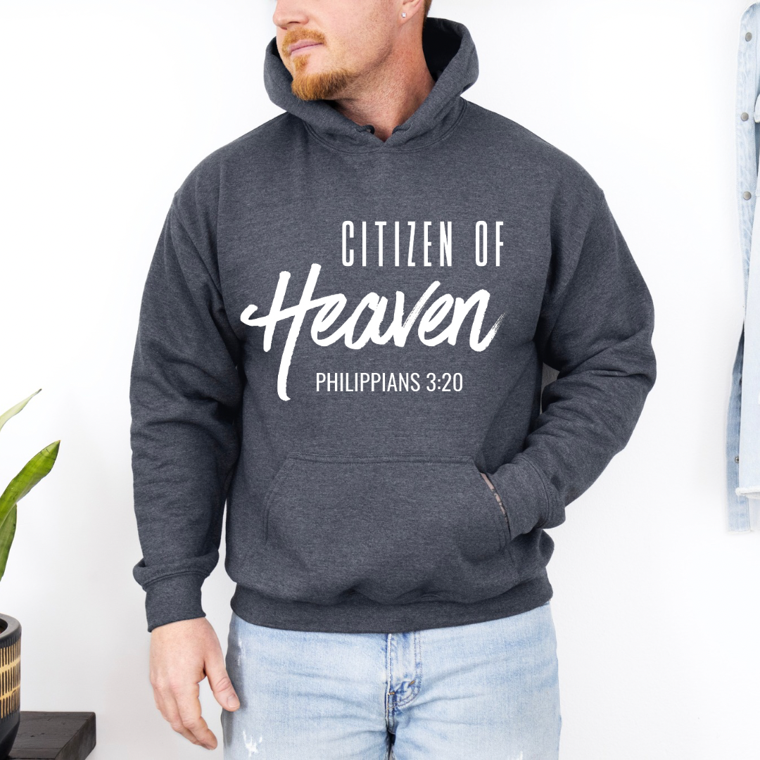 Dark grey heather hoodie sweatshirt that says, "Citizen of Heaven". Underneath in smaller writing it says, "Philippians 3 20."