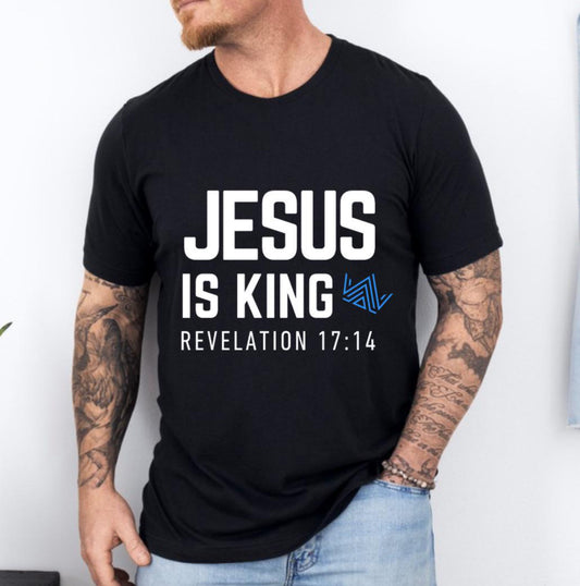 Black crewneck t-shirt that says, “Jesus is king” in large bold letters. There is a blue geometrical crown. Underneath in smaller letters it says, “Revelation 17 14”.