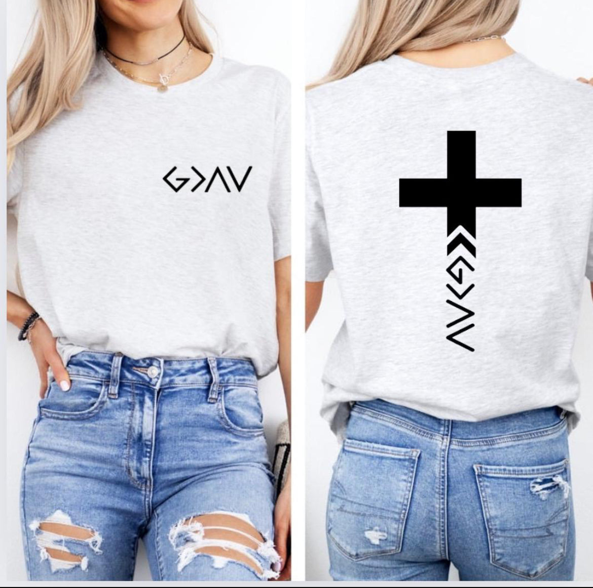 Ash white crewneck t-shirt with a cross on the back that has the symbol “God is greater than the highs and lows” as the bottom part of the cross.  The front has the same symbol in the upper left-hand corner.