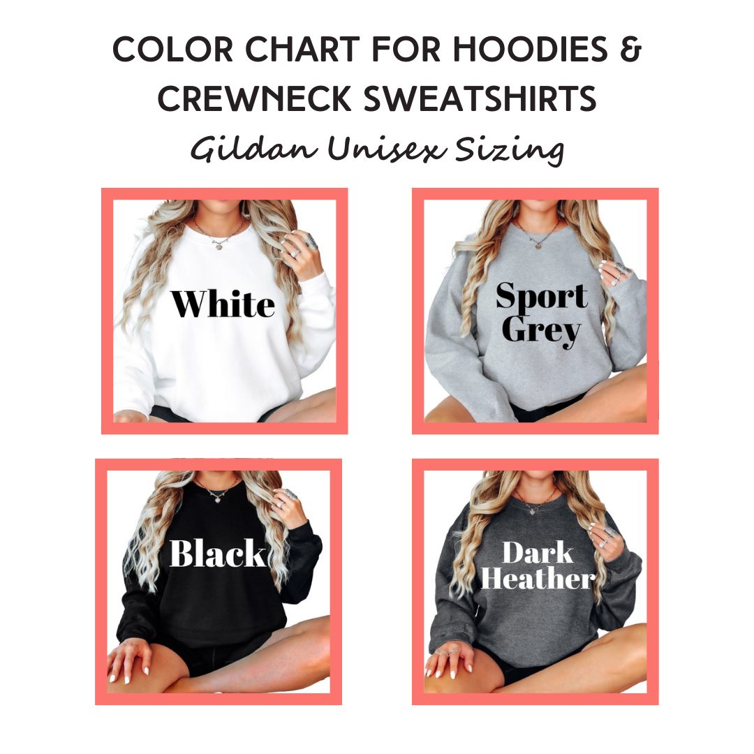 Color chart for hoodies and crewneck sweatshirts showing the available colors which are white, sport grey, black and dark heather.