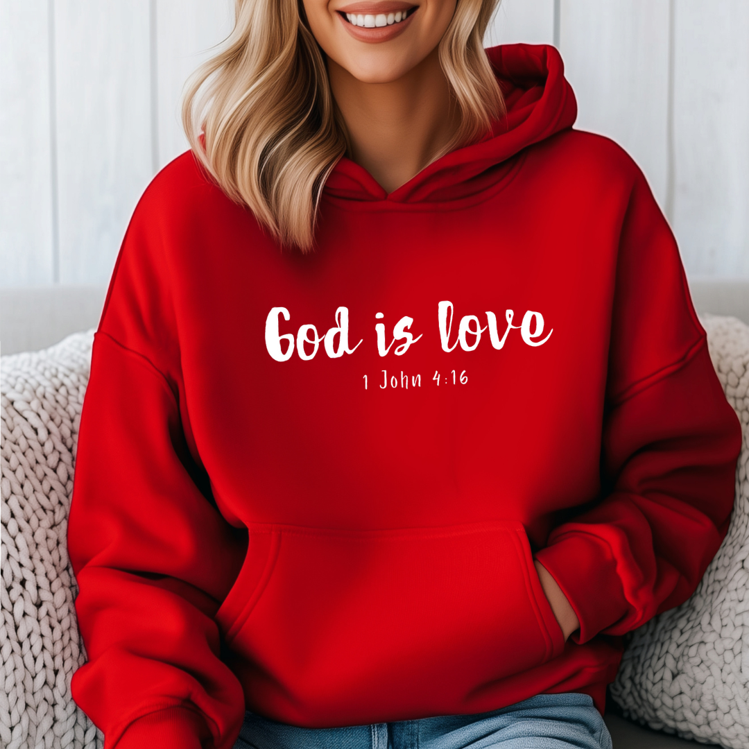 Red hoodie sweatshirt that says, “God is love. 1 John 4:16.” 