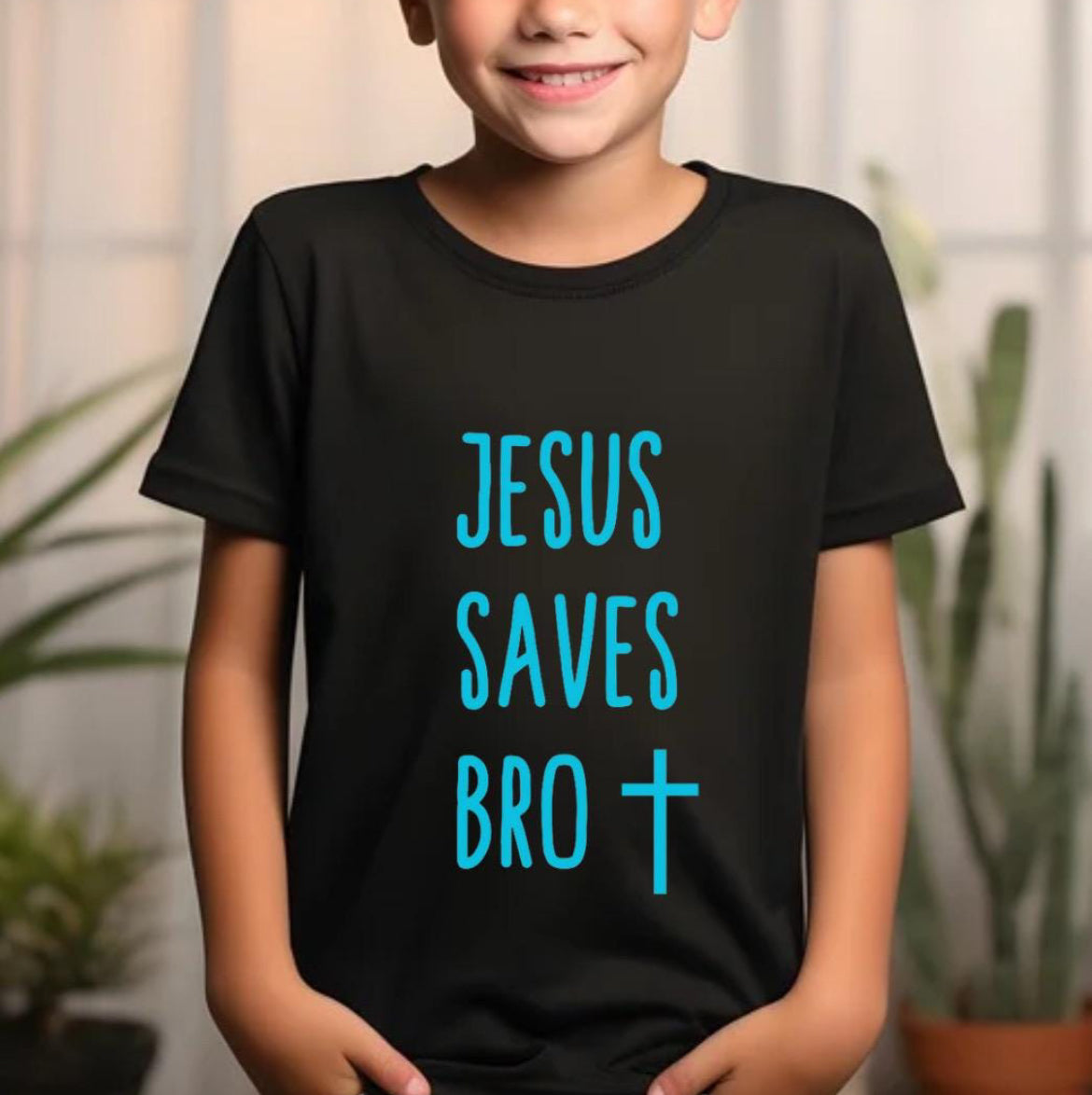 Black crewneck t-shirt that says, “Jesus saves bro” with a cross. The writing is teal. 