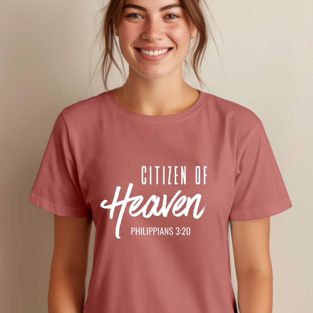 Mauve crewneck t-shirt that says, "Citizen of Heaven". Underneath in smaller writing it says, "Philippians 3 20."