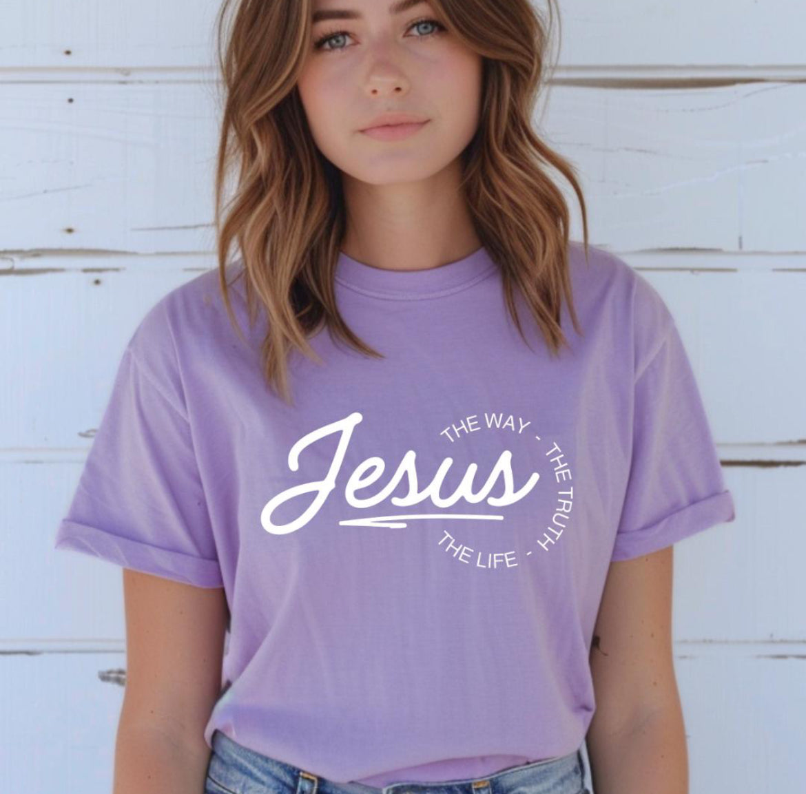 Lavender crewneck t-shirt that says, “Jesus the way the truth the life.”