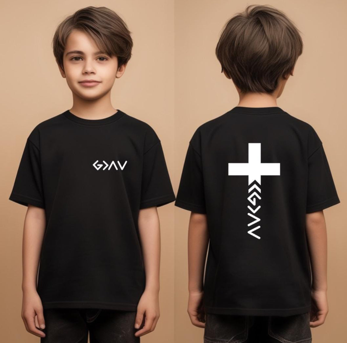 Black crewneck t-shirt with a cross on the back that has the symbol “God is greater than the highs and lows” as the bottom part of the cross.  The front has the same symbol in the upper left-hand corner.