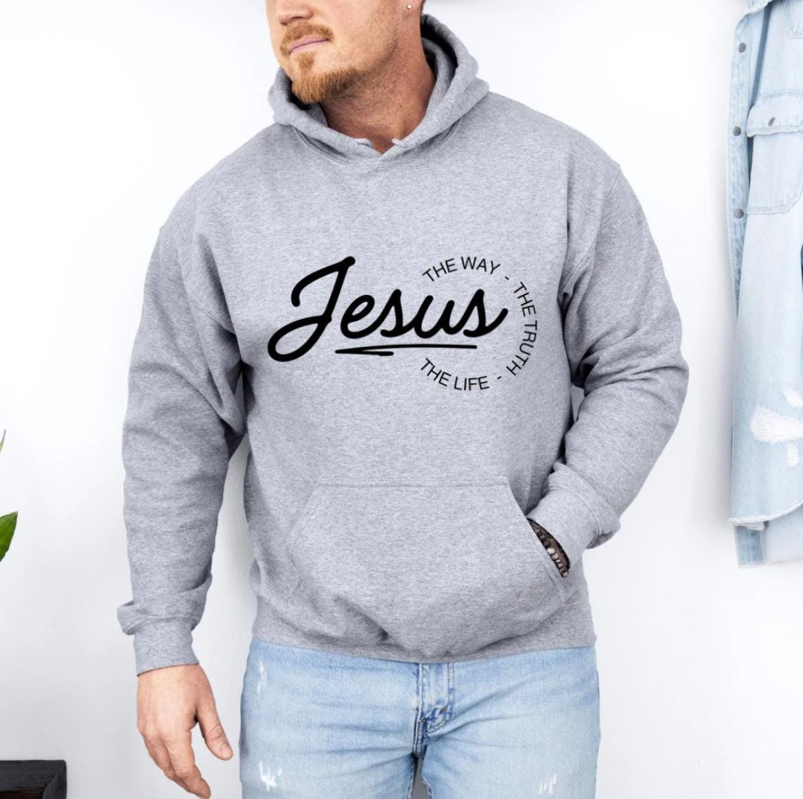 Light gray hoodie that says, "Jesus, the way, the truth, the life." 