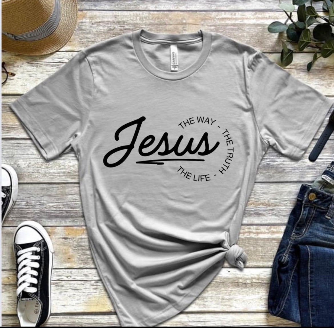 Gray crewneck t-shirt that says, “Jesus the way the truth the life.”