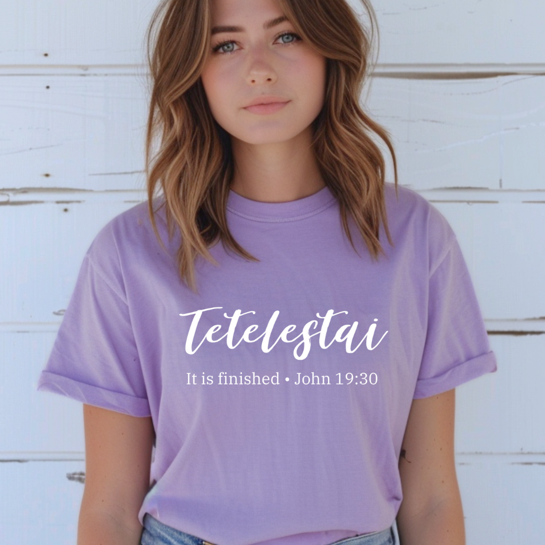 Dark lavender It Is Finished Shirt - Tetetelestai Tee for Christian Women - Bible Verse Apparel